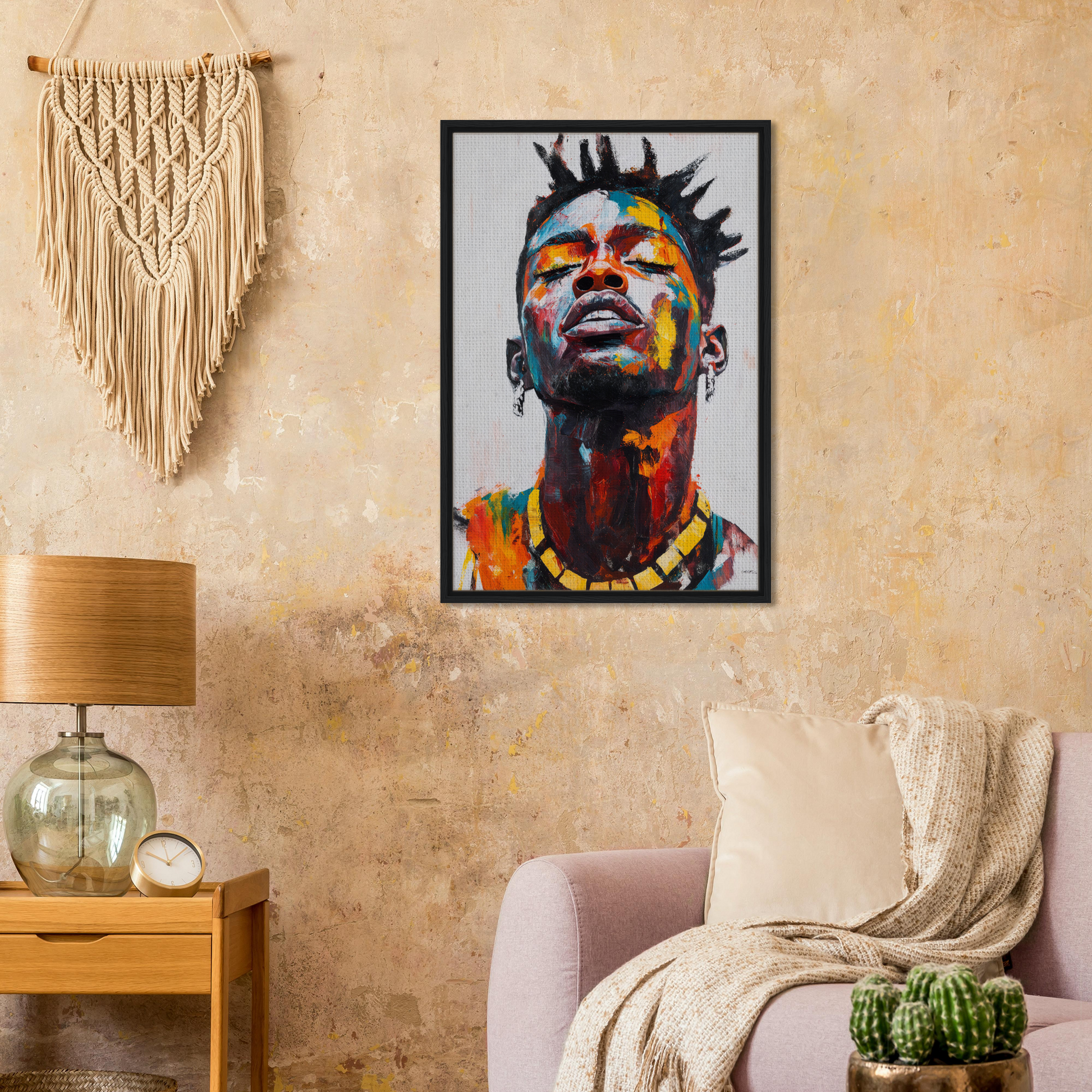 Vibrant portrait of person gazing upward in Vibrant Sentient Reverie framed canvas print