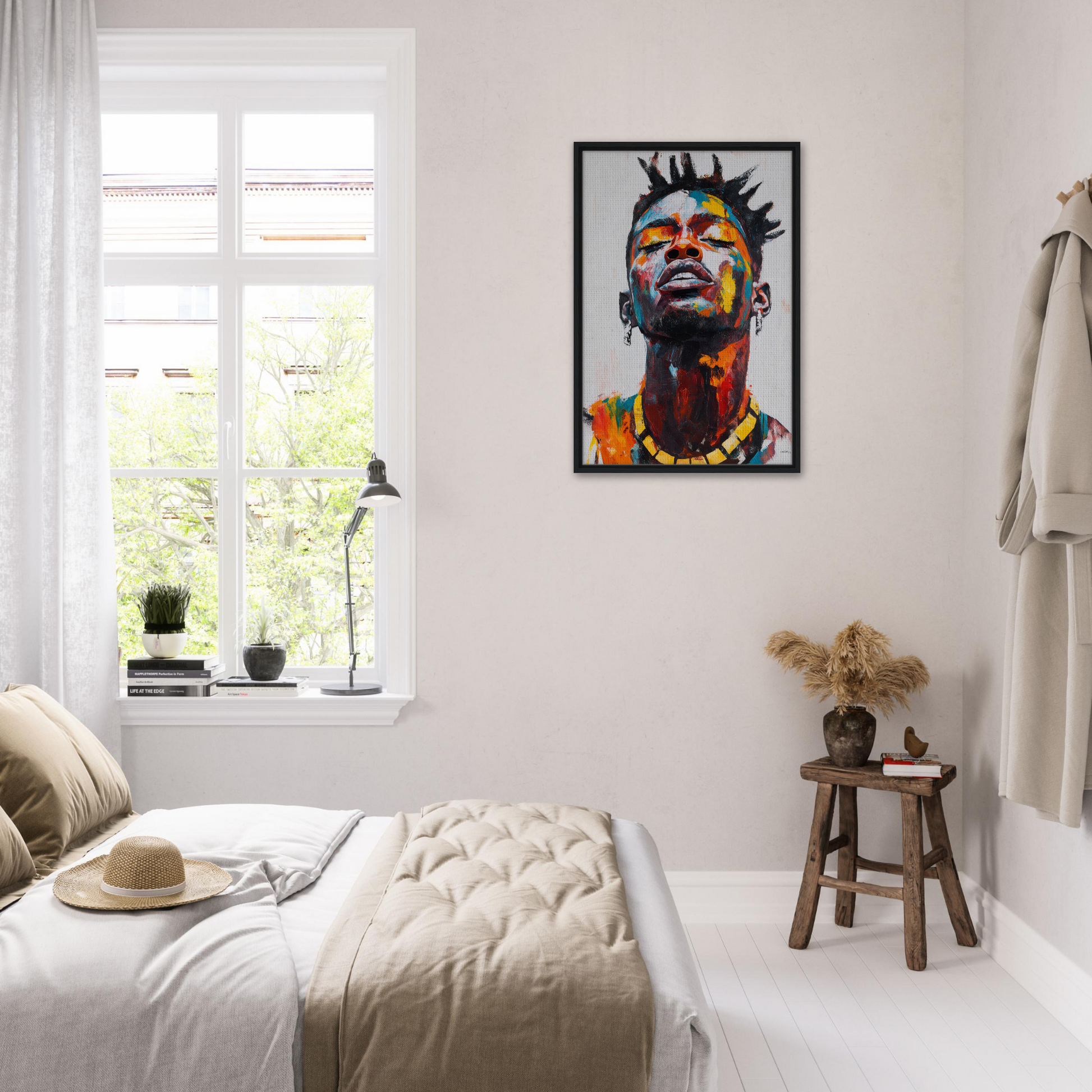 Colorful portrait of a person with spiked hair in Vibrant Sentient Reverie room decor