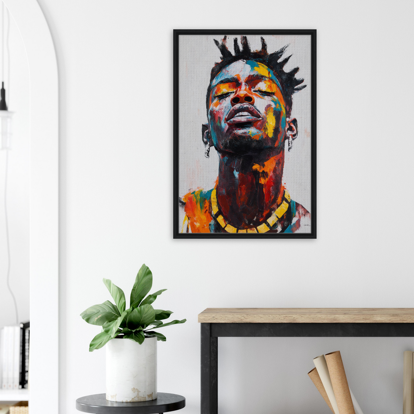 Vibrant Sentient Reverie, framed canvas print of a colorful portrait with upward gaze