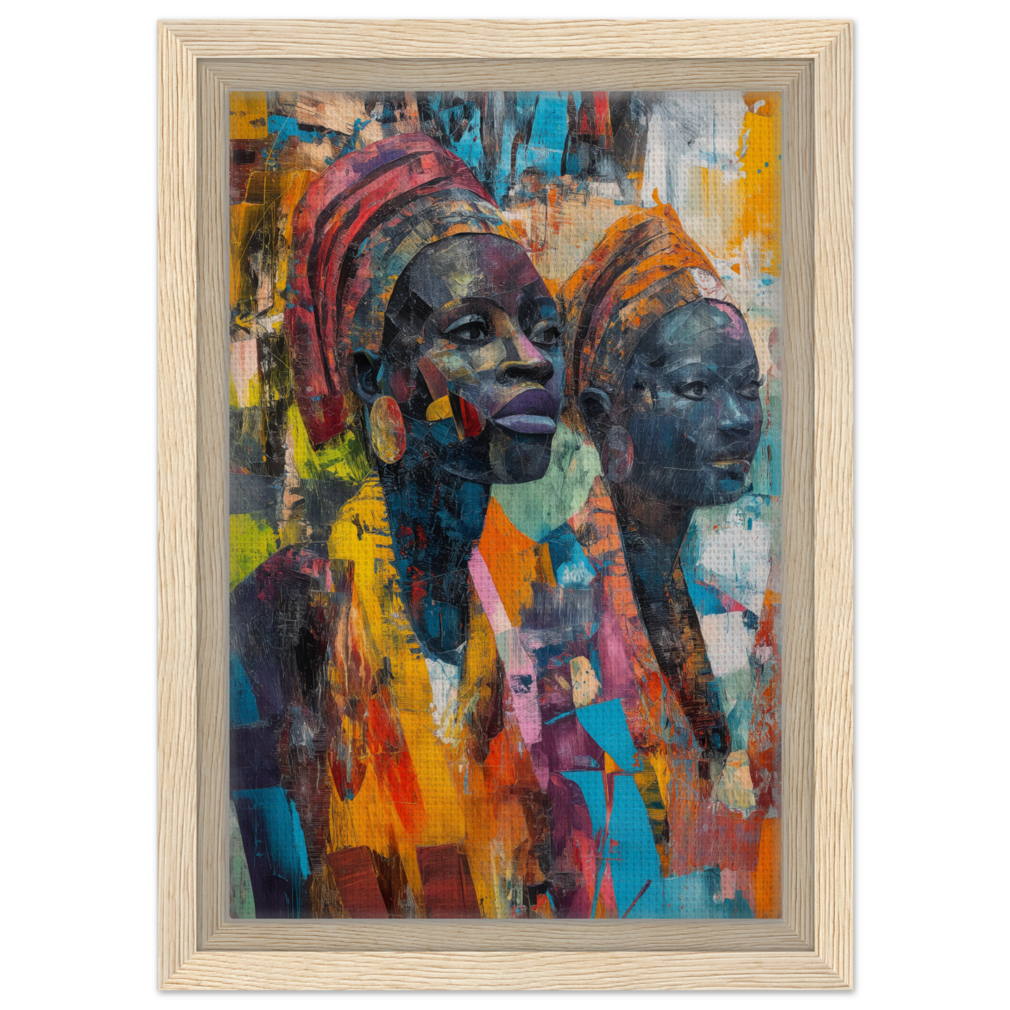 Colorful abstract painting of African women with headscarves in Vibrant Sister Dreams framed poster