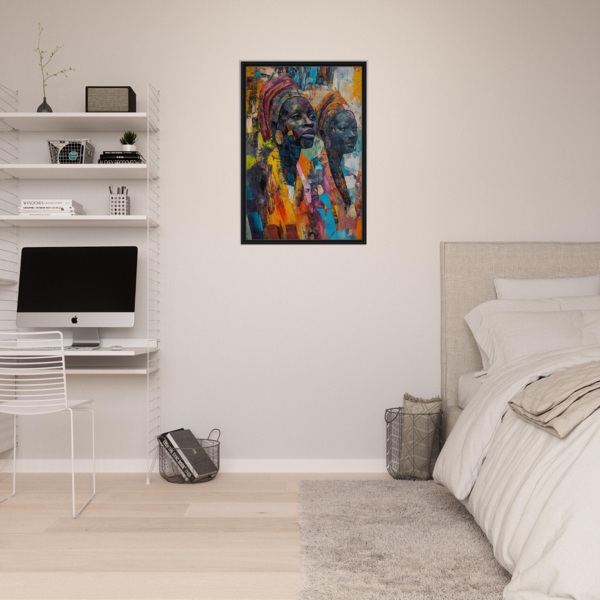 Colorful abstract elephant painting in black frame, part of Vibrant Sister Dreams collection