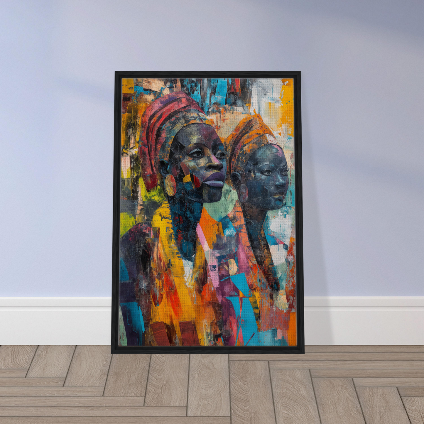 Colorful abstract portrait of African figures in a frame for Vibrant Sister Dreams room decoration