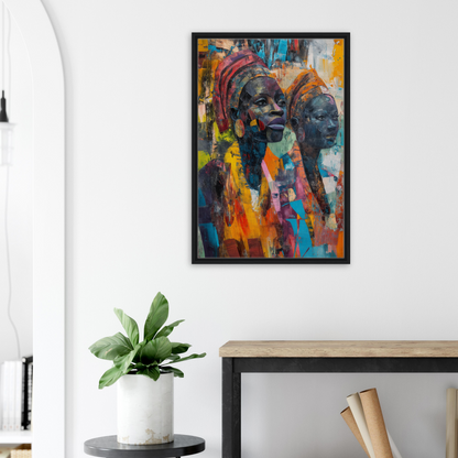 Colorful abstract portrait painting of two figures for Vibrant Sister Dreams framed poster