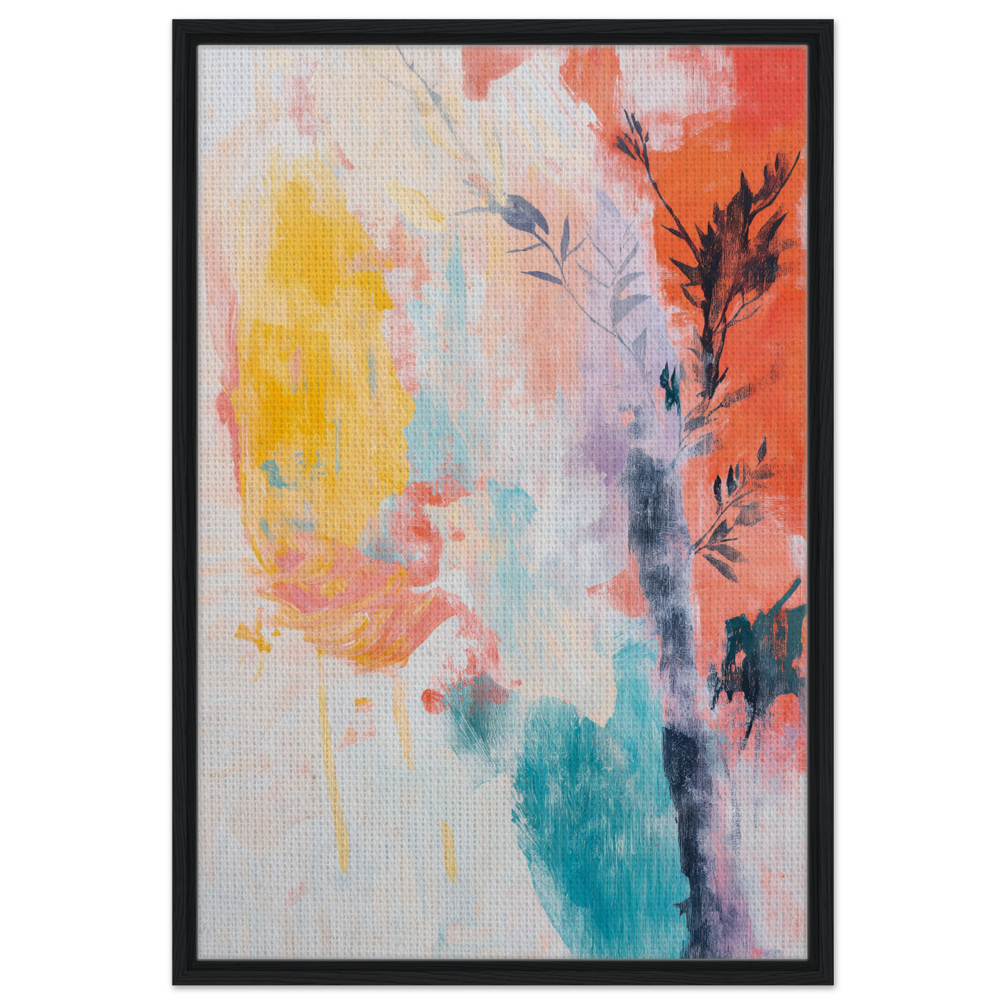 Abstract painting featuring vibrant splashes and floral elements, Vibrant Sundance Whispers