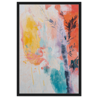 Abstract painting featuring vibrant splashes and floral elements, Vibrant Sundance Whispers