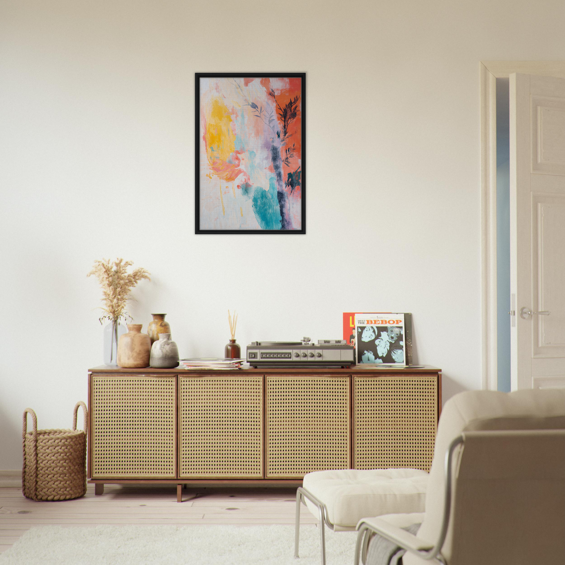 Wooden sideboard with cane-webbed doors and decorative items in Vibrant Sundance Whispers