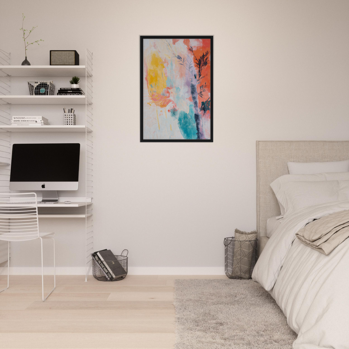 Colorful abstract painting in black frame, vibrant Sundance Whispers room decor