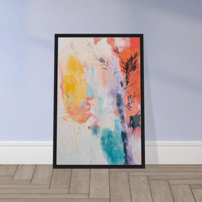 Framed vibrant Sundance Whispers abstract painting in orange, yellow, teal, and black