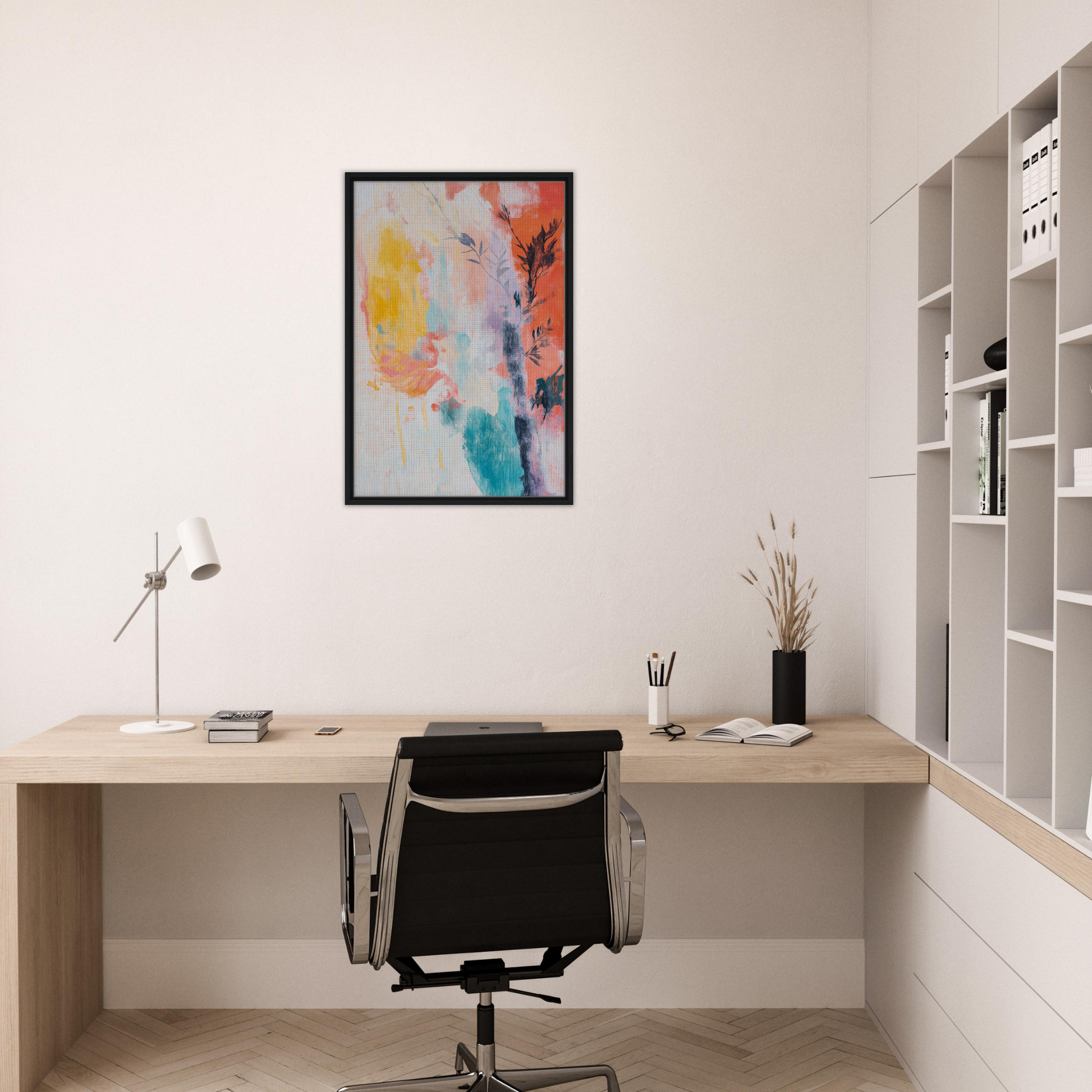 Modern home office desk with wooden surface and black chair in Vibrant Sundance Whispers