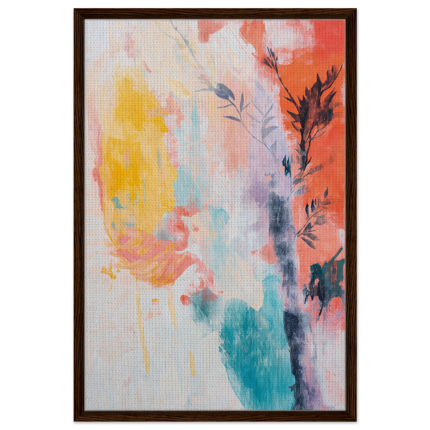 Abstract painting titled Vibrant Sundance Whispers featuring colorful floral elements for room decor