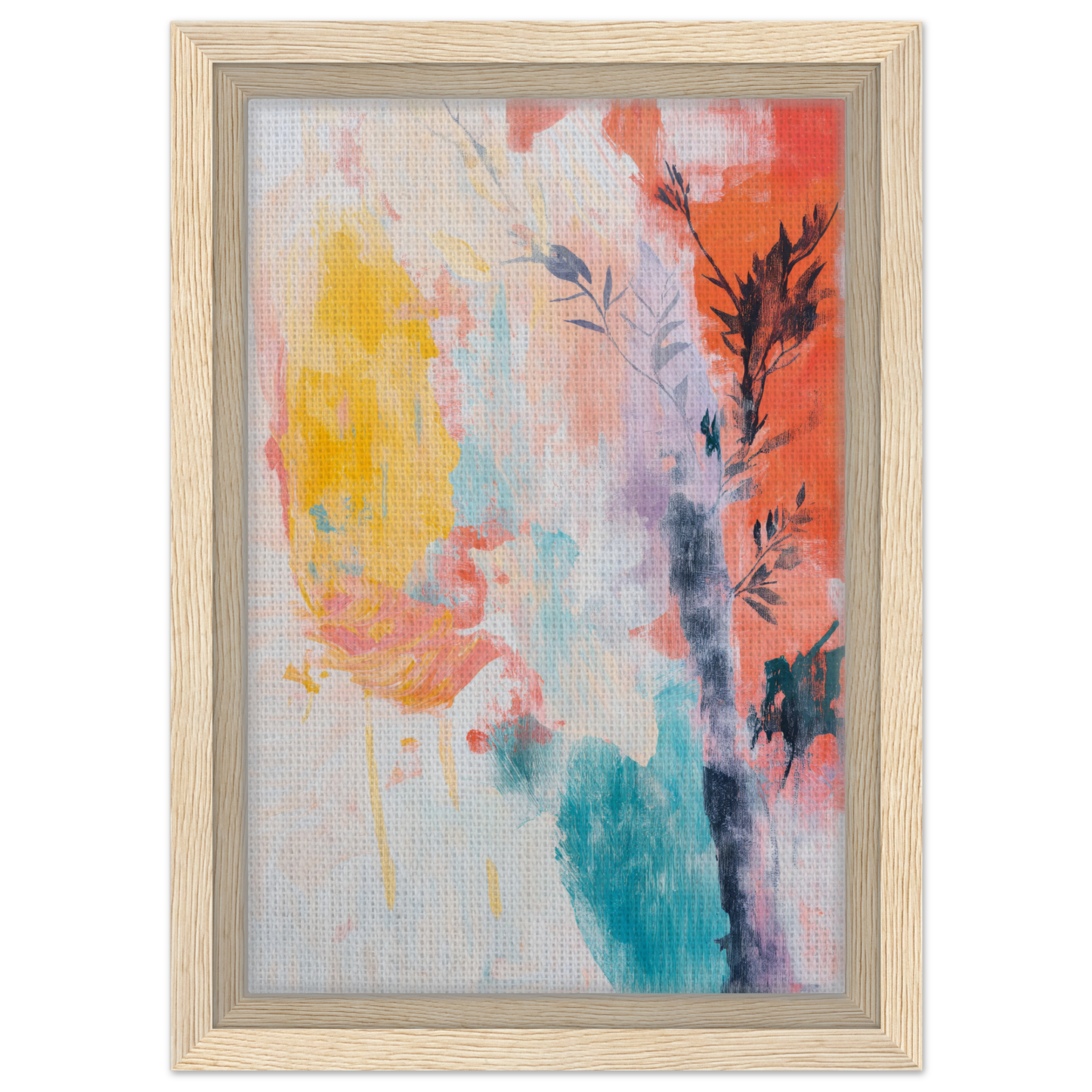 Abstract painting titled Vibrant Sundance Whispers with colorful splashes in wooden frame