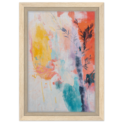 Abstract painting titled Vibrant Sundance Whispers with colorful splashes in wooden frame