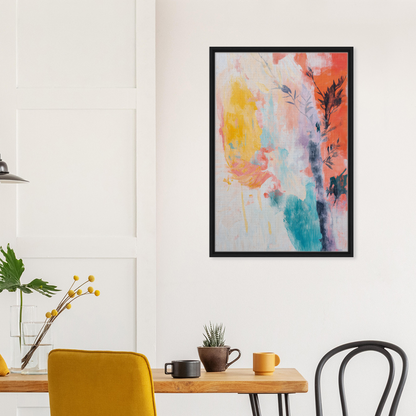 Abstract painting titled Vibrant Sundance Whispers in a black frame for room decor