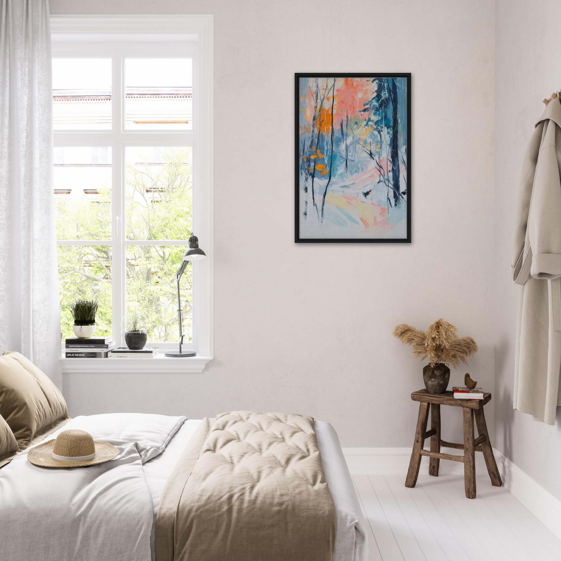 Bright, airy bedroom with white walls showcasing Vibrant Woodland Whispers framed canvas print