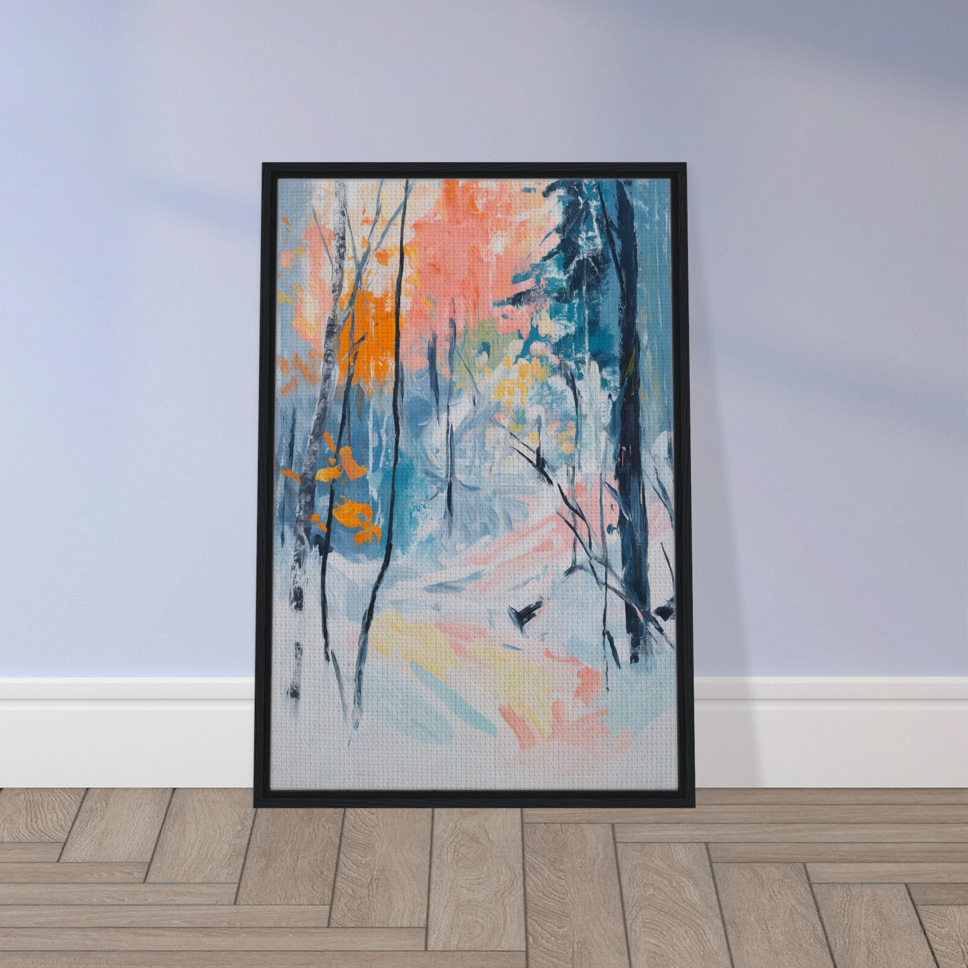 Framed abstract painting of colorful forest scene in Vibrant Woodland Whispers room decor