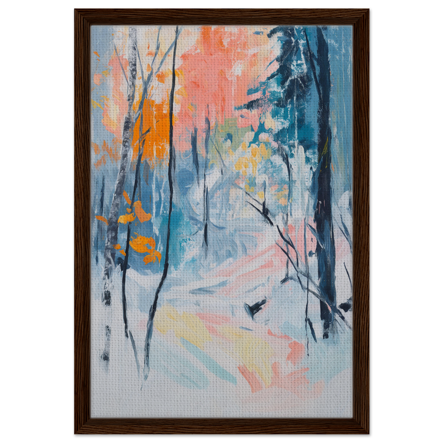 Abstract painting of a winter forest scene for Vibrant Woodland Whispers room decor