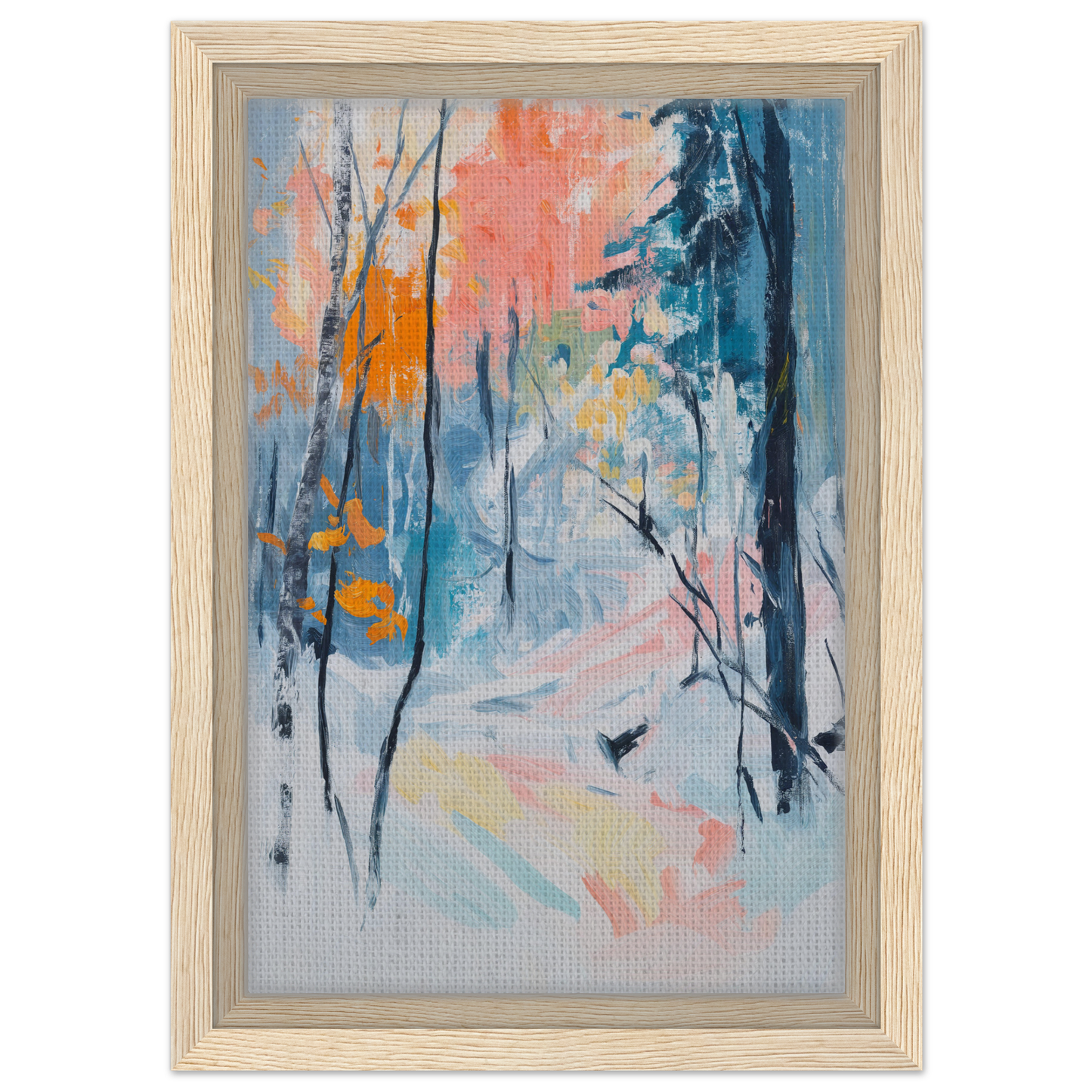 Abstract painting of a winter forest scene with colorful accents for Vibrant Woodland Whispers