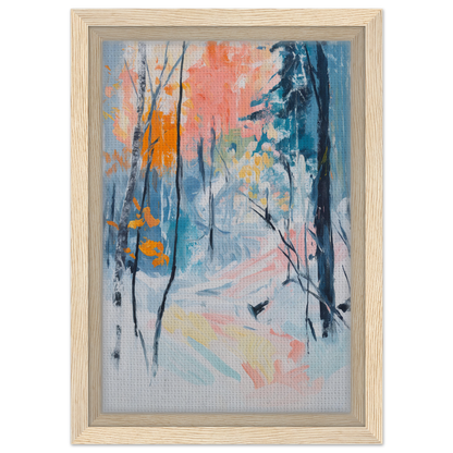 Abstract painting of a winter forest scene with colorful accents for Vibrant Woodland Whispers