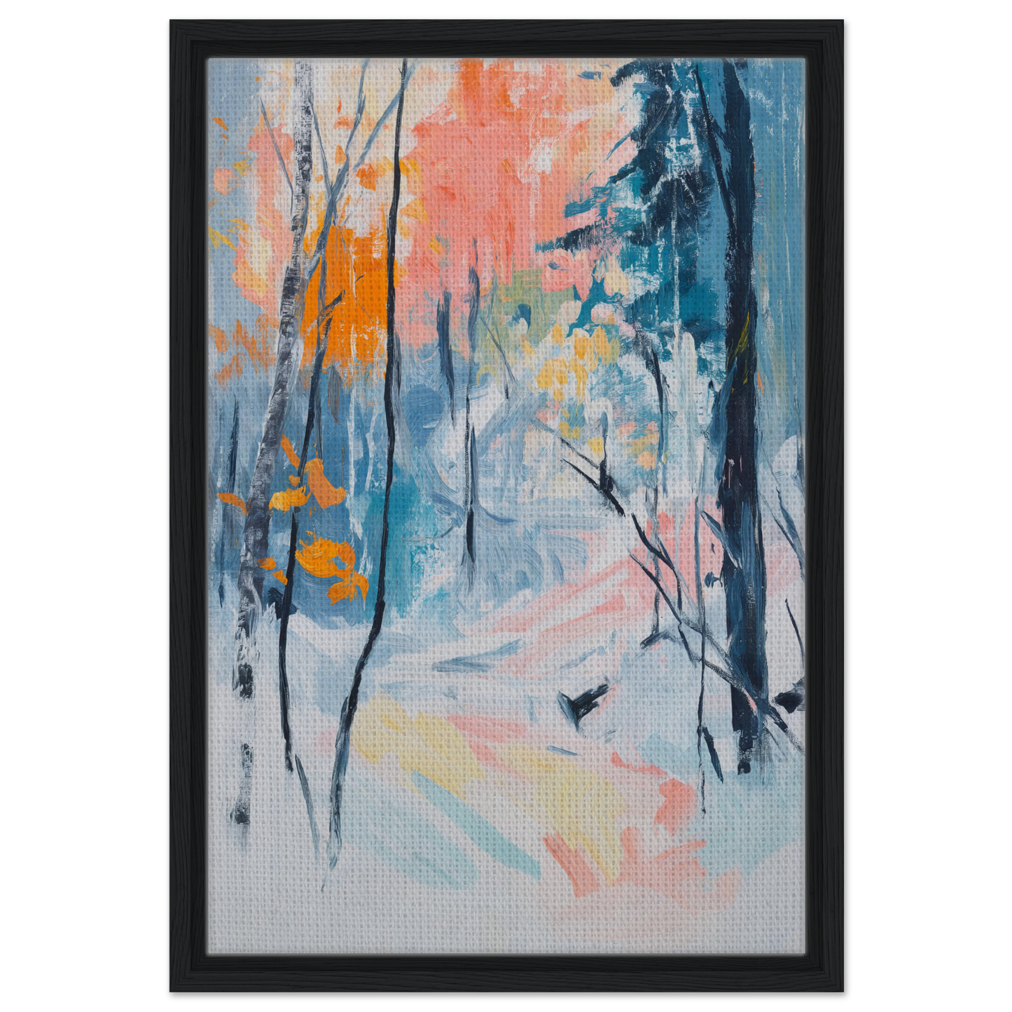 Abstract painting of a winter forest in vibrant woodland whispers framed canvas print