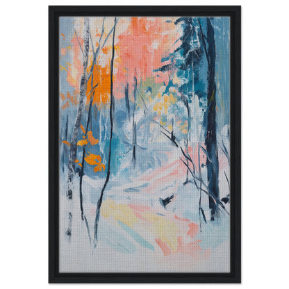 Abstract painting of a winter forest in vibrant woodland whispers framed canvas print