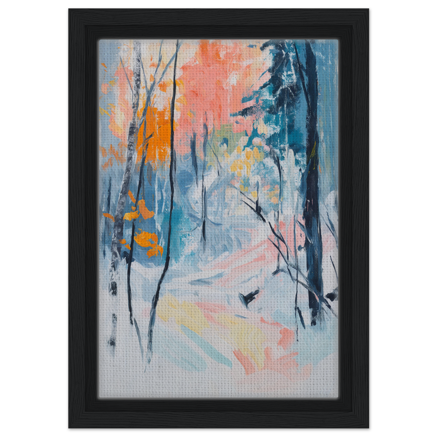 Abstract painting of a winter forest in Vibrant Woodland Whispers for stylish room decor