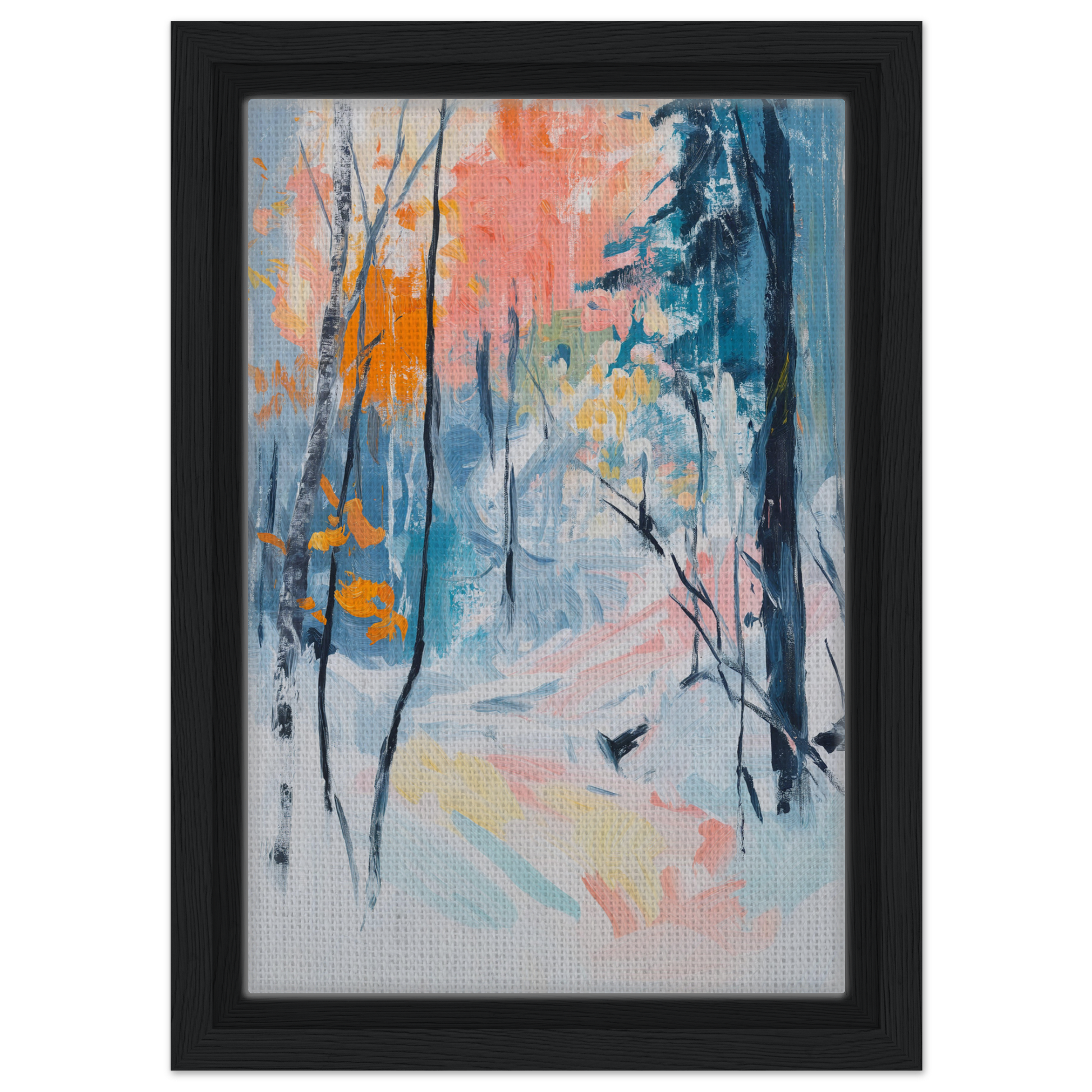 Abstract painting of a winter forest in Vibrant Woodland Whispers for stylish room decor