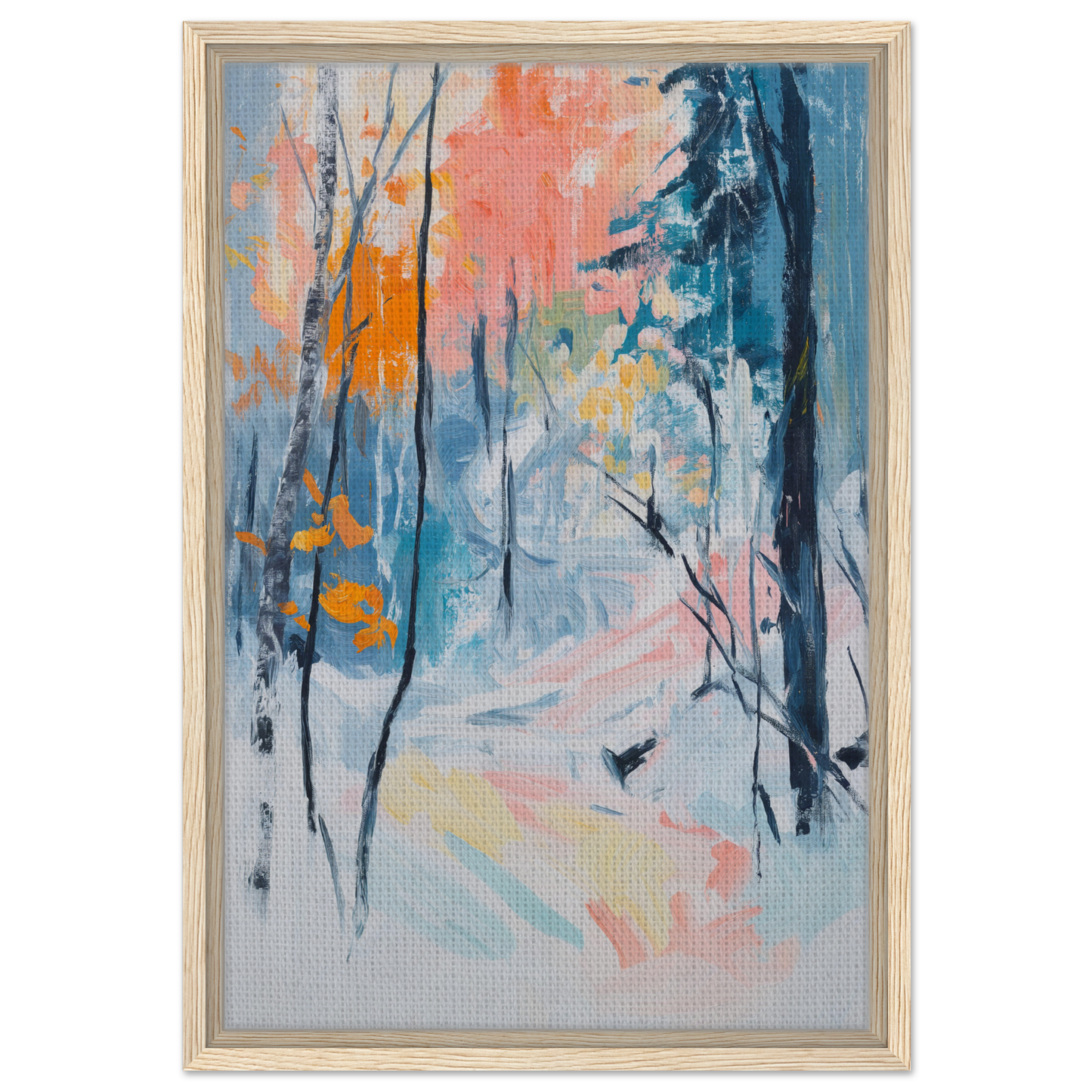 Abstract painting of a winter forest scene for Vibrant Woodland Whispers room decor