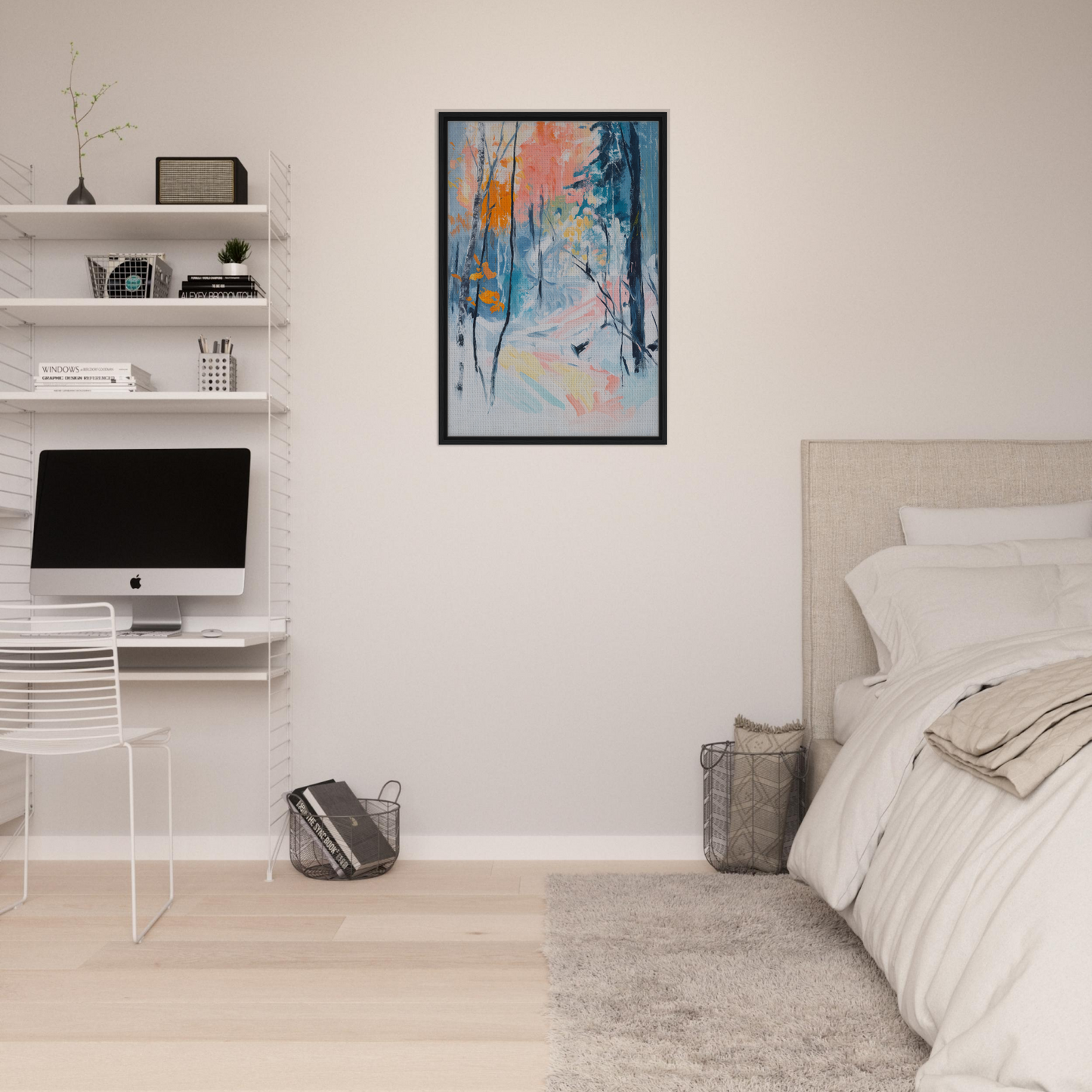 Abstract painting with colorful brushstrokes in black frame for Vibrant Woodland Whispers