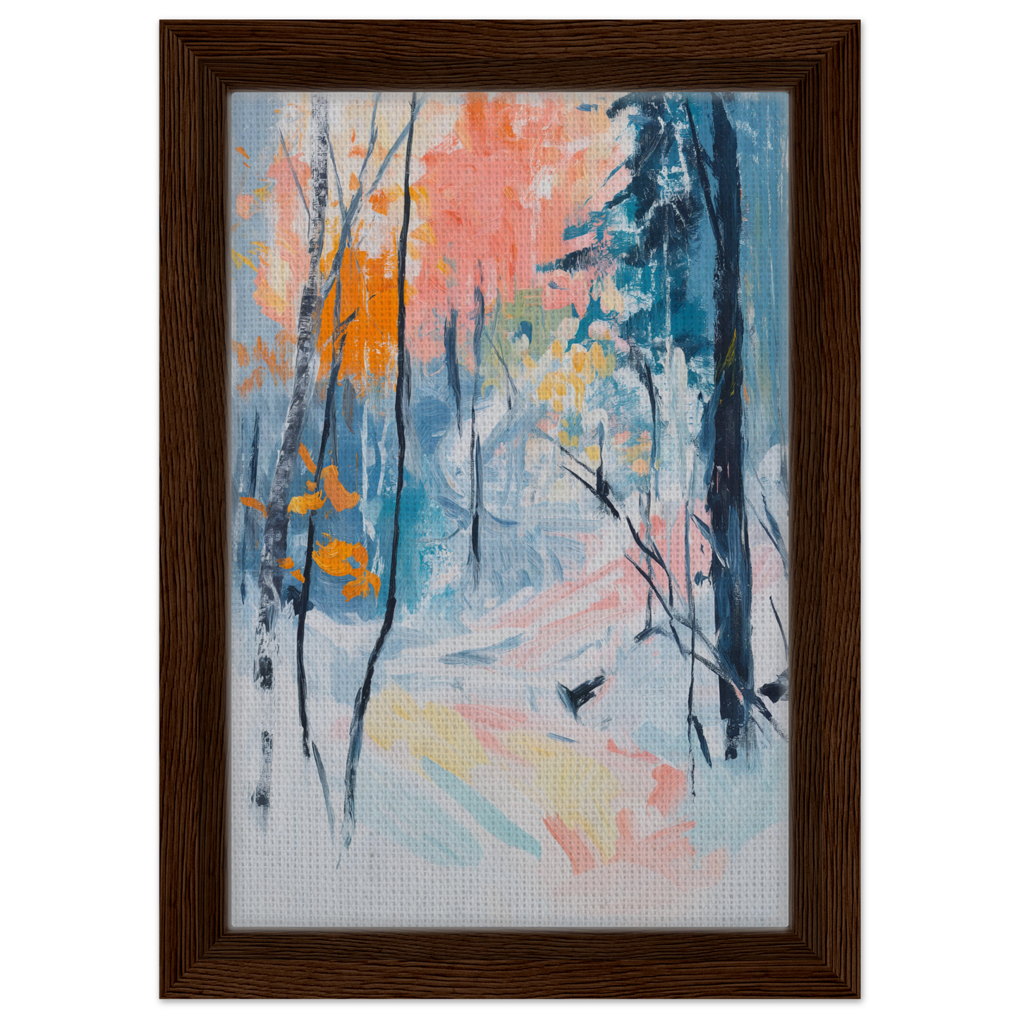 Abstract painting of a winter forest scene with colorful accents for Vibrant Woodland Whispers