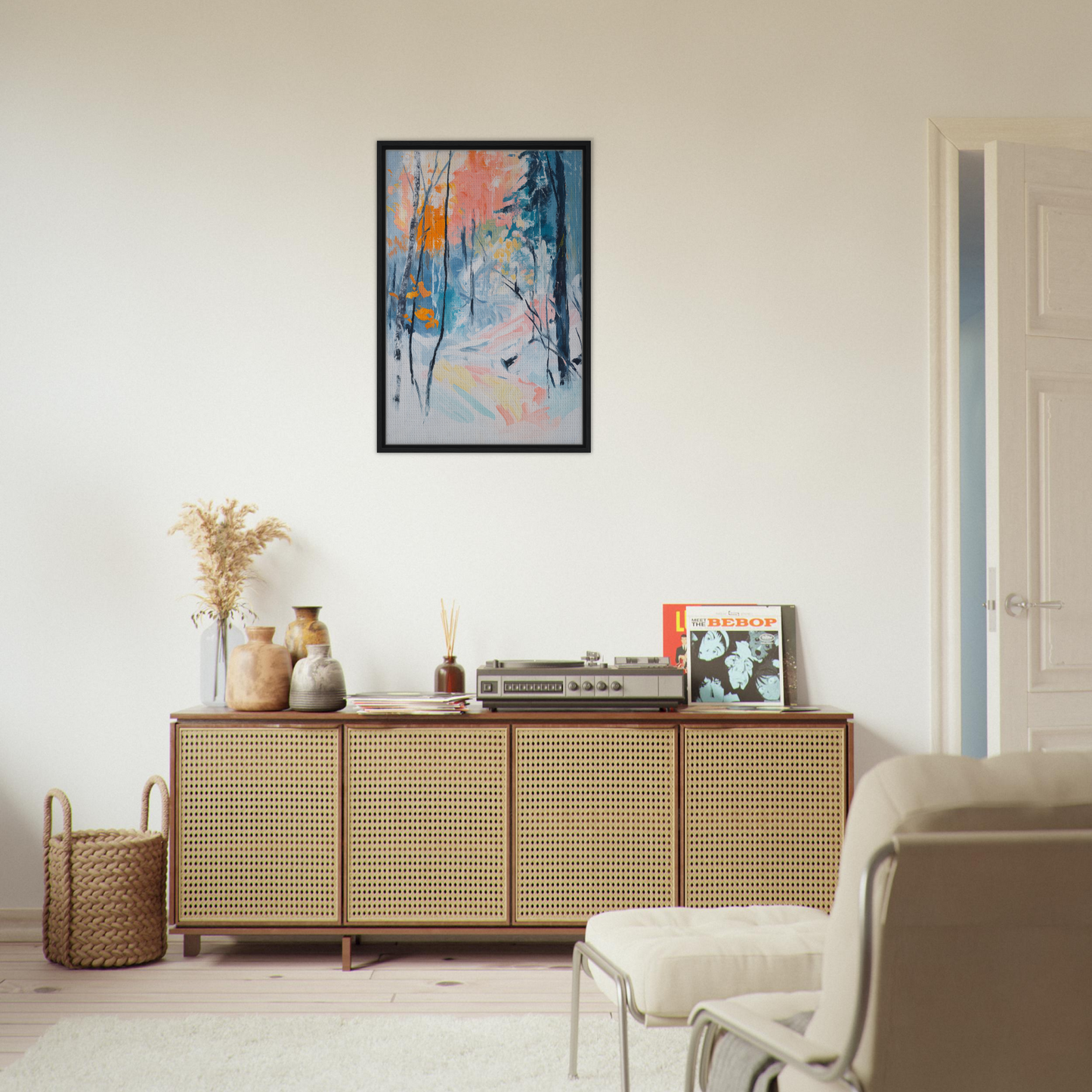 Wooden sideboard with cane-webbed doors and decor atop Vibrant Woodland Whispers