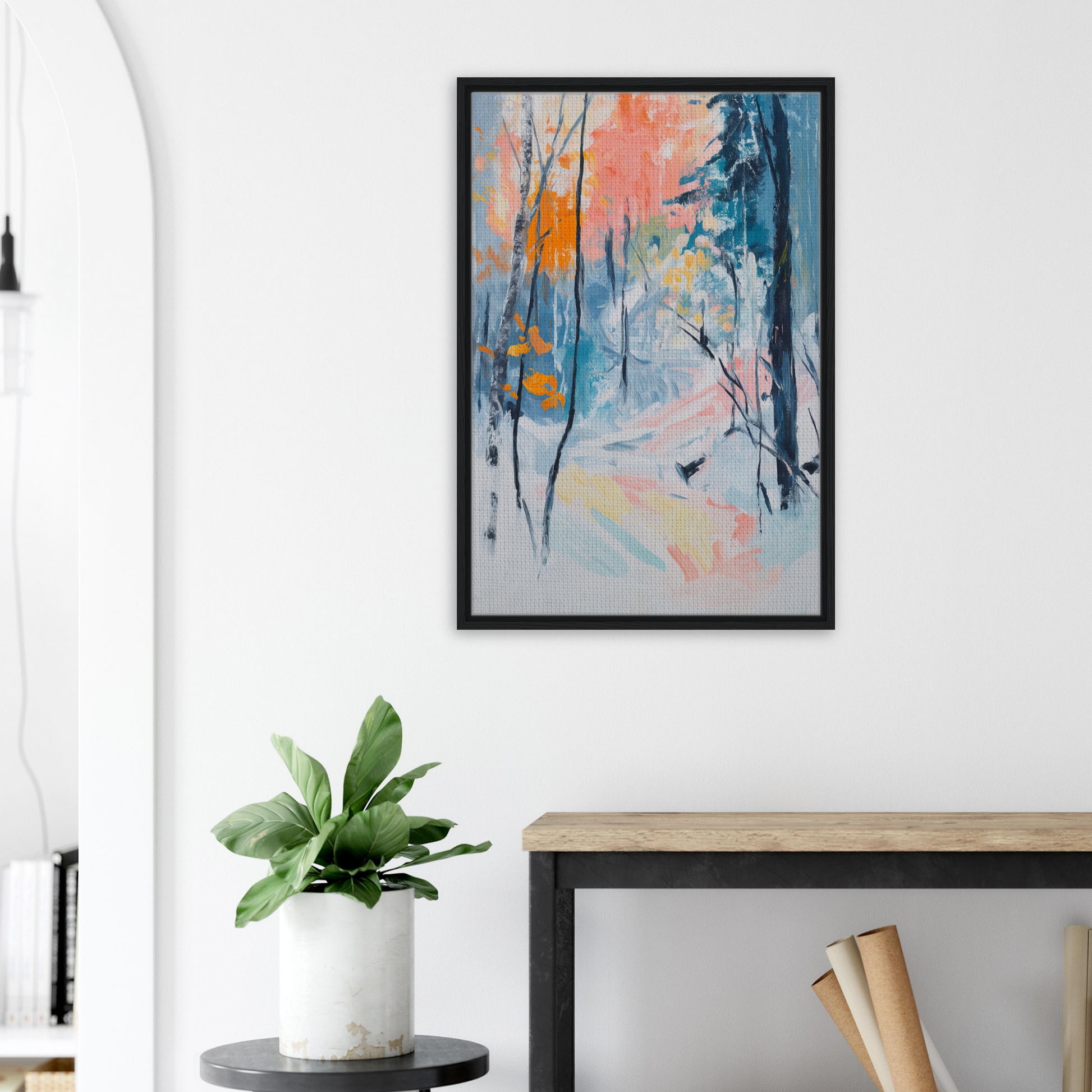 Abstract painting of vibrant woodland whispers in a black frame for elegant room decor