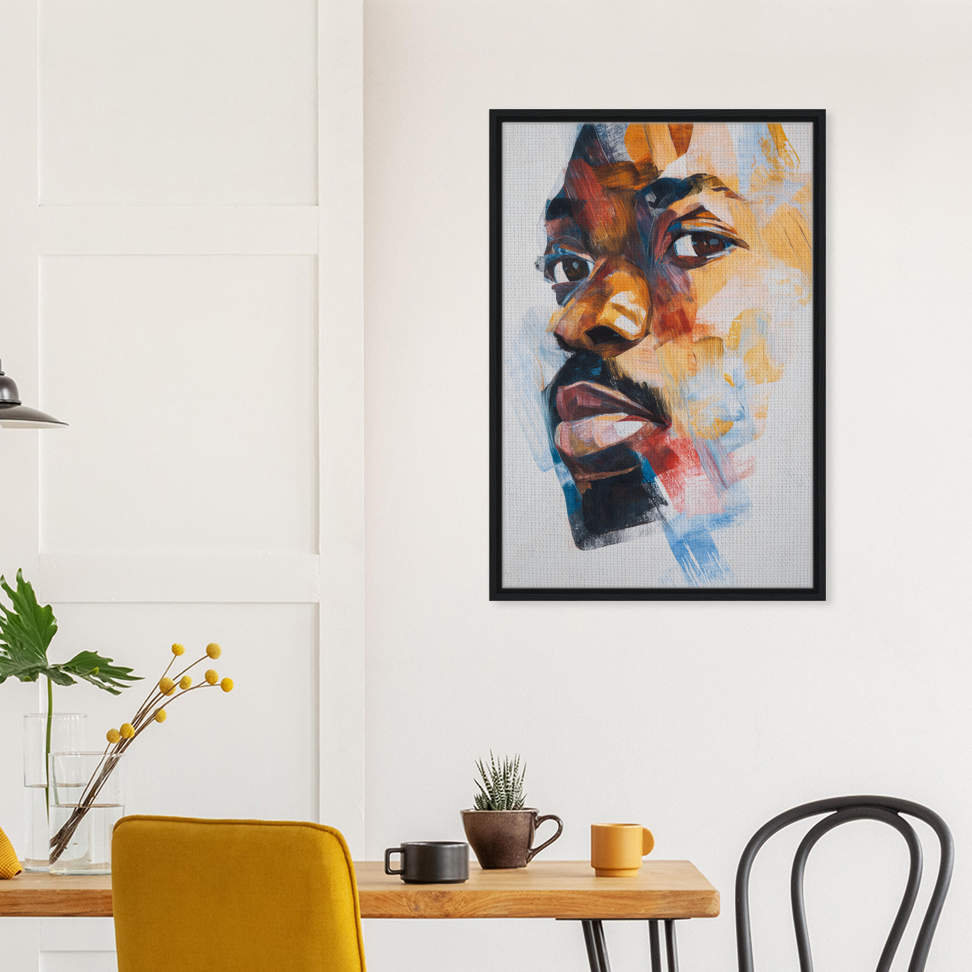 Colorful abstract portrait in black frame, ideal for Visage Chromatic Rumination room decor