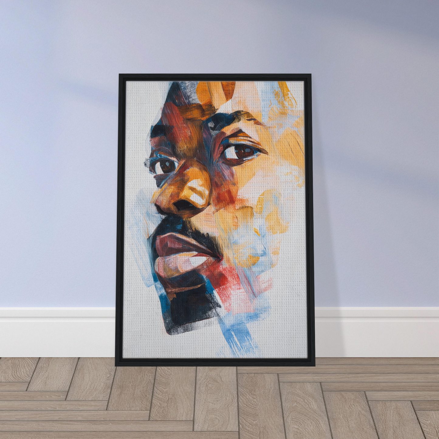 Colorful abstract portrait painting in black frame for Visage Chromatic Rumination room decor