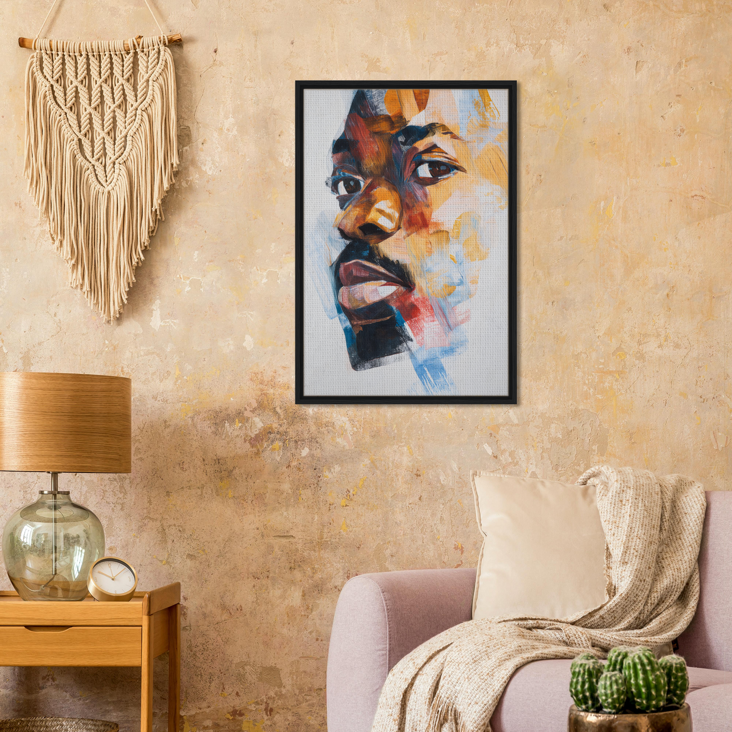 Colorful abstract portrait painting in black frame, Visage Chromatic Rumination artwork