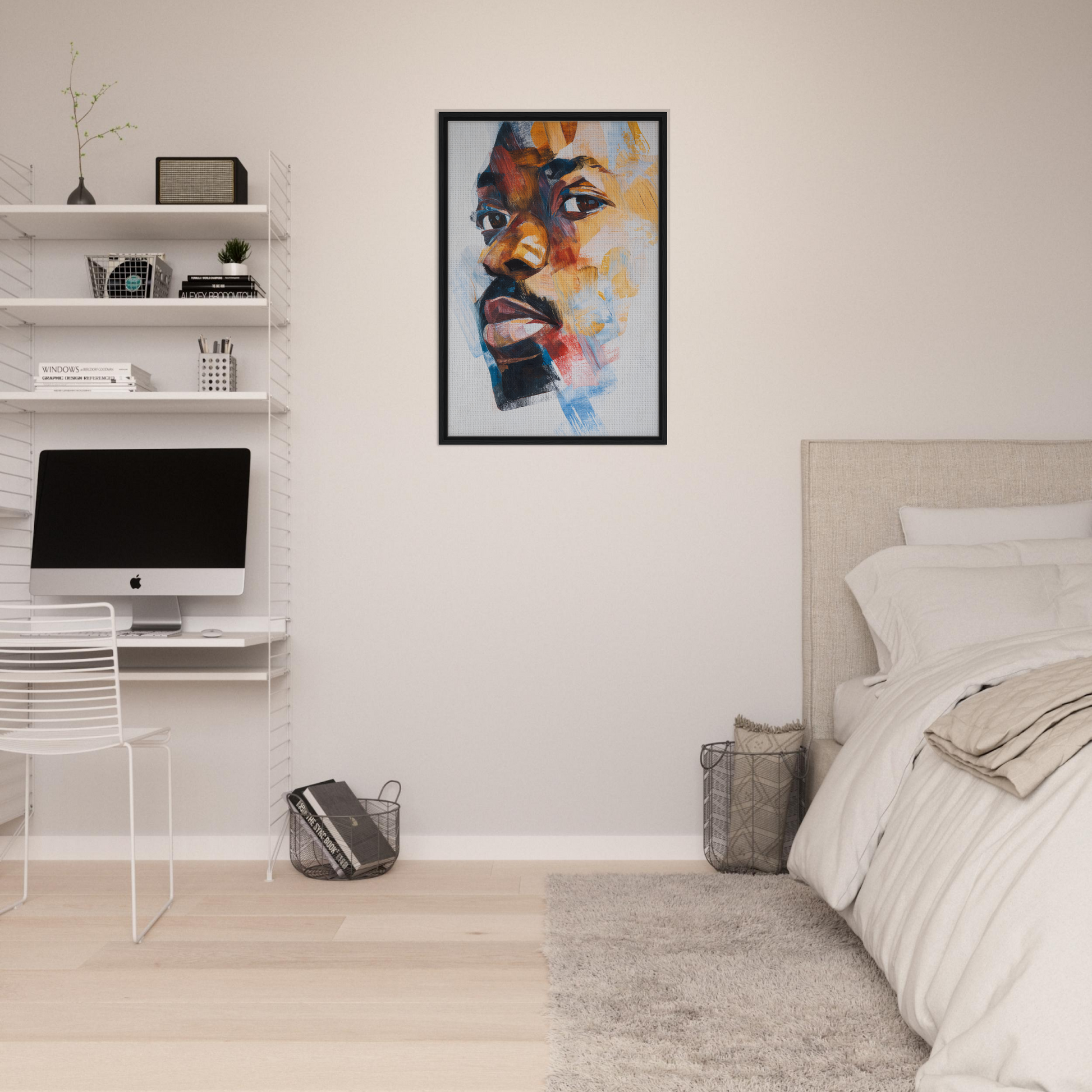 Colorful abstract portrait painting in a black frame for stylish room decor showcasing Visage Chromatic Rumination