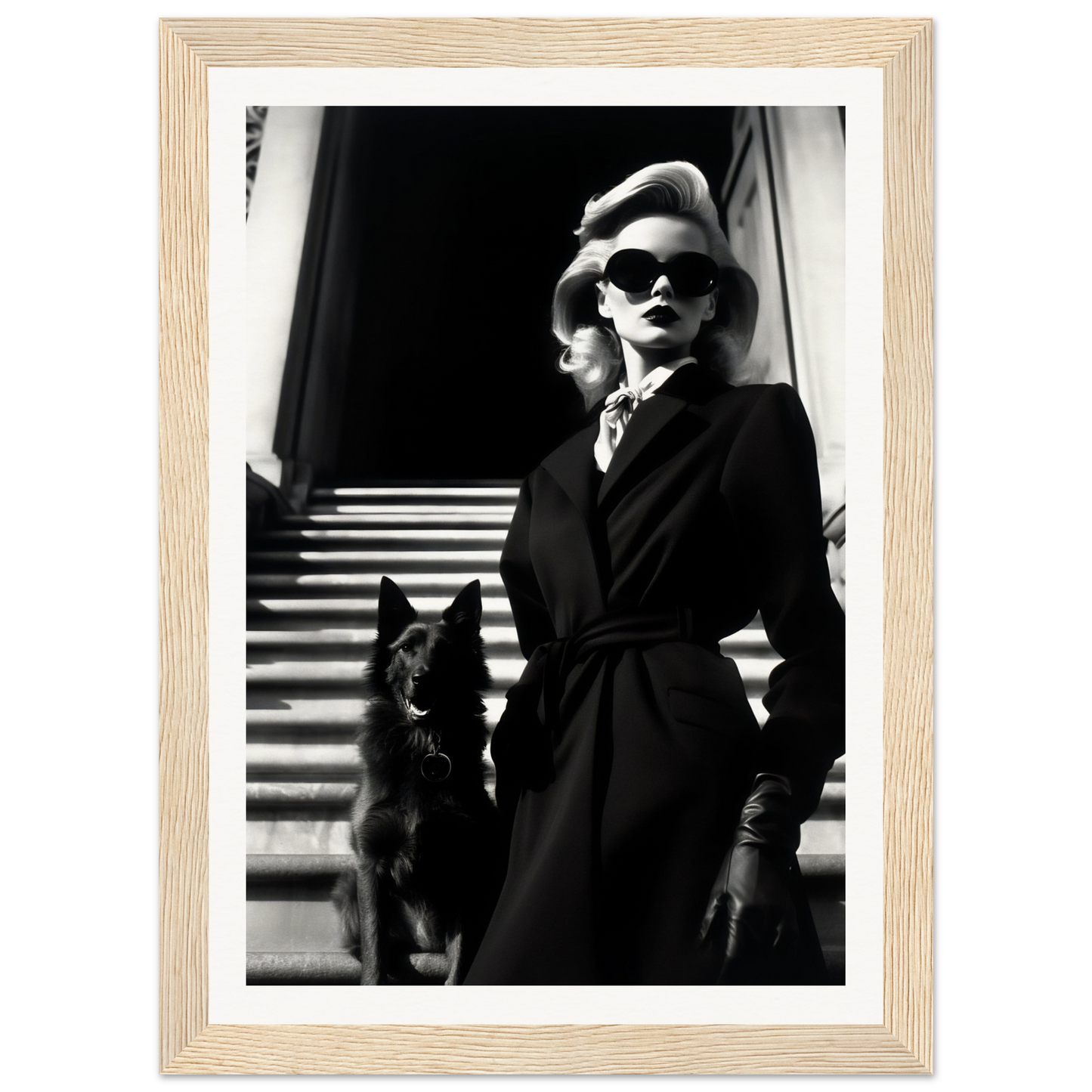 Black and white photograph of a stylishly dressed woman with sunglasses standing next to a dog on stairs.