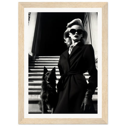 Black and white photograph of a stylishly dressed woman with sunglasses standing next to a dog on stairs.