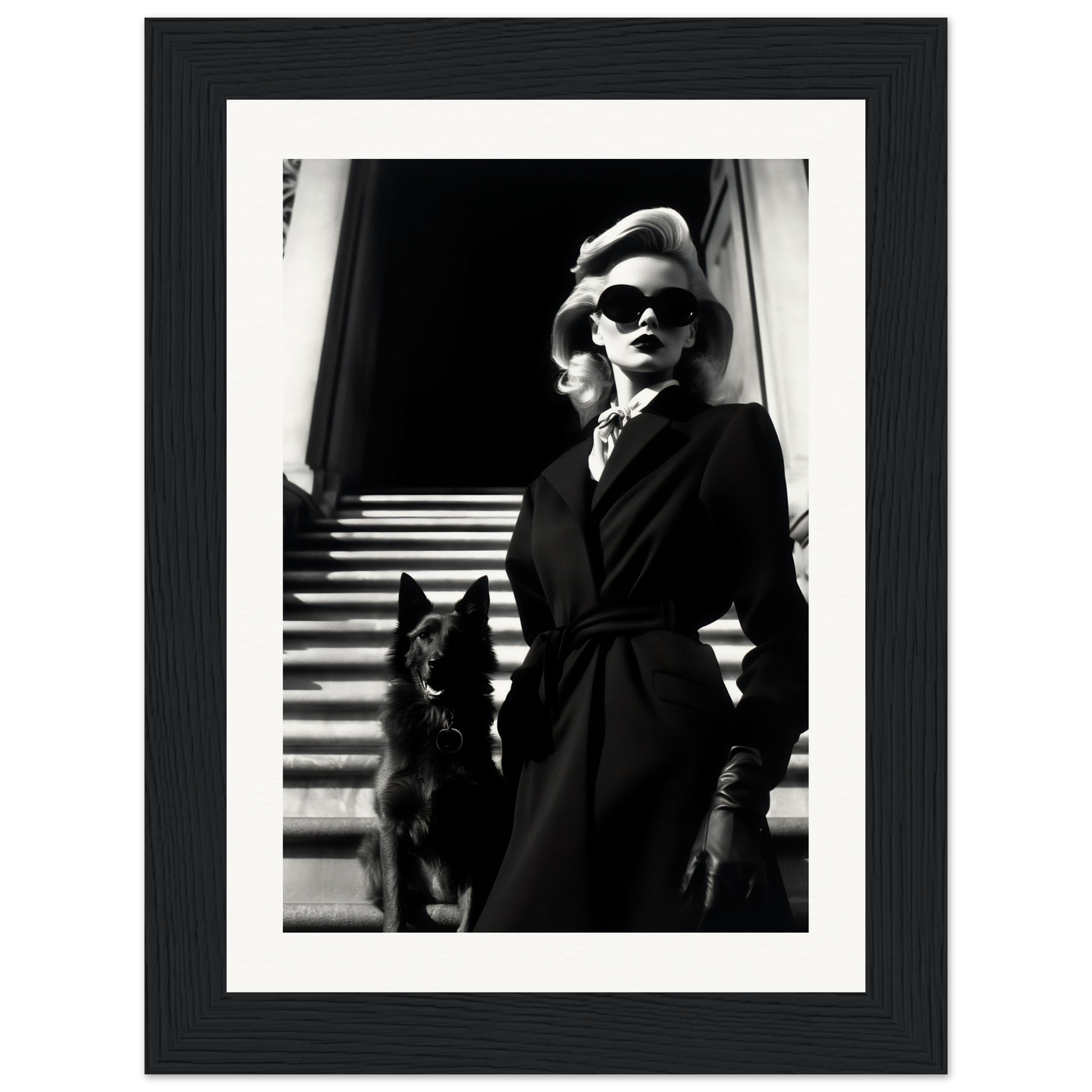 Black and white photograph of a stylish woman in a coat and sunglasses standing next to a small dog on stairs.