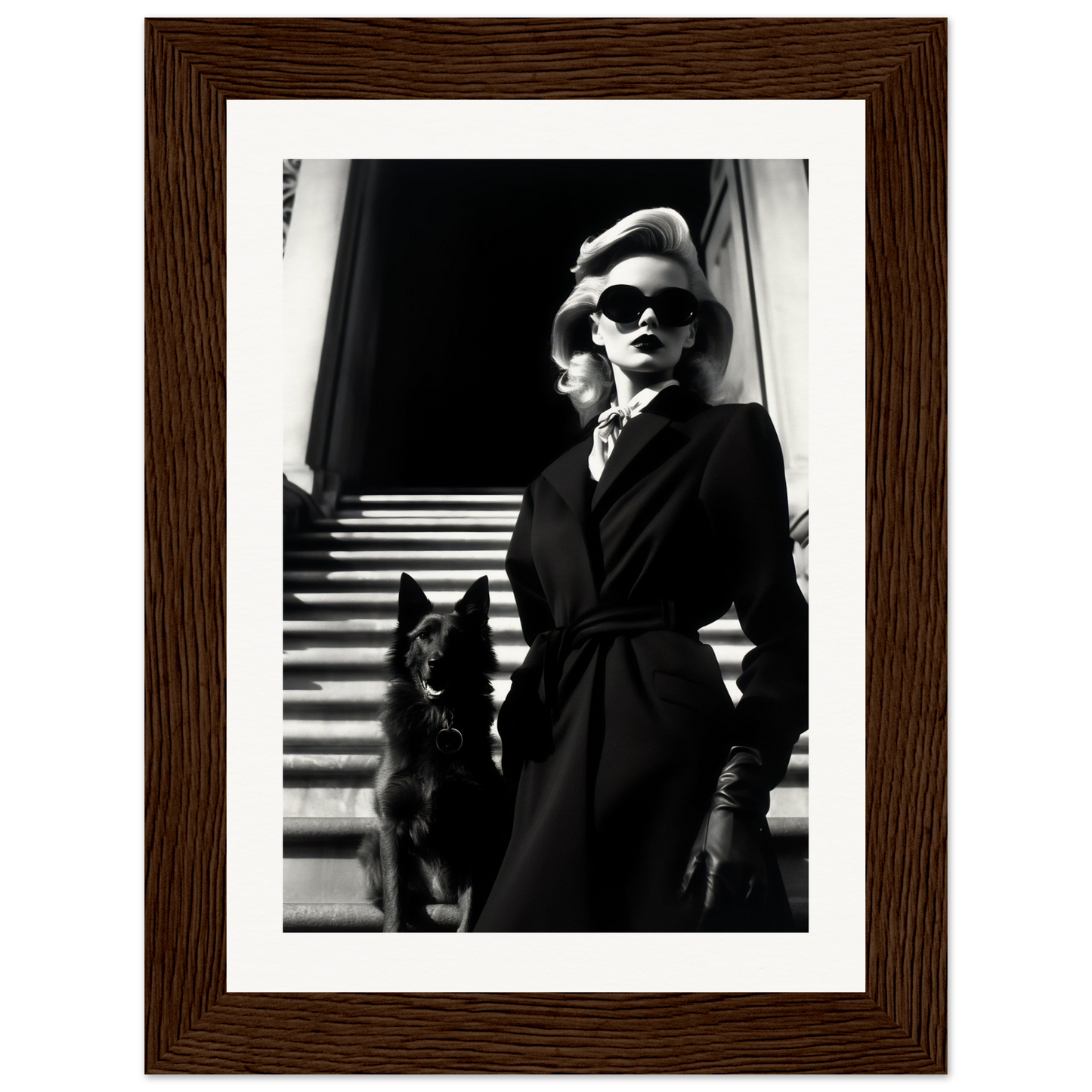 Black and white photograph of a stylishly dressed woman with sunglasses standing next to a dog on stairs.