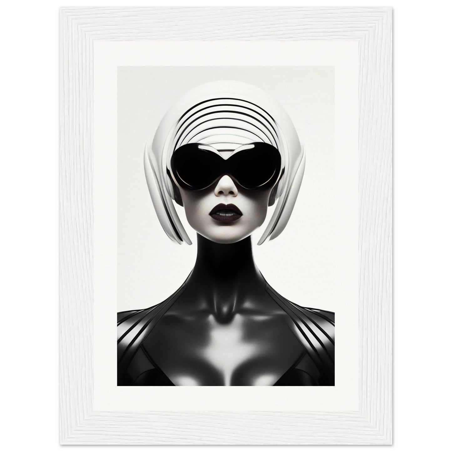 Stylized black and white portrait of a figure wearing dramatic sunglasses and a futuristic headpiece.