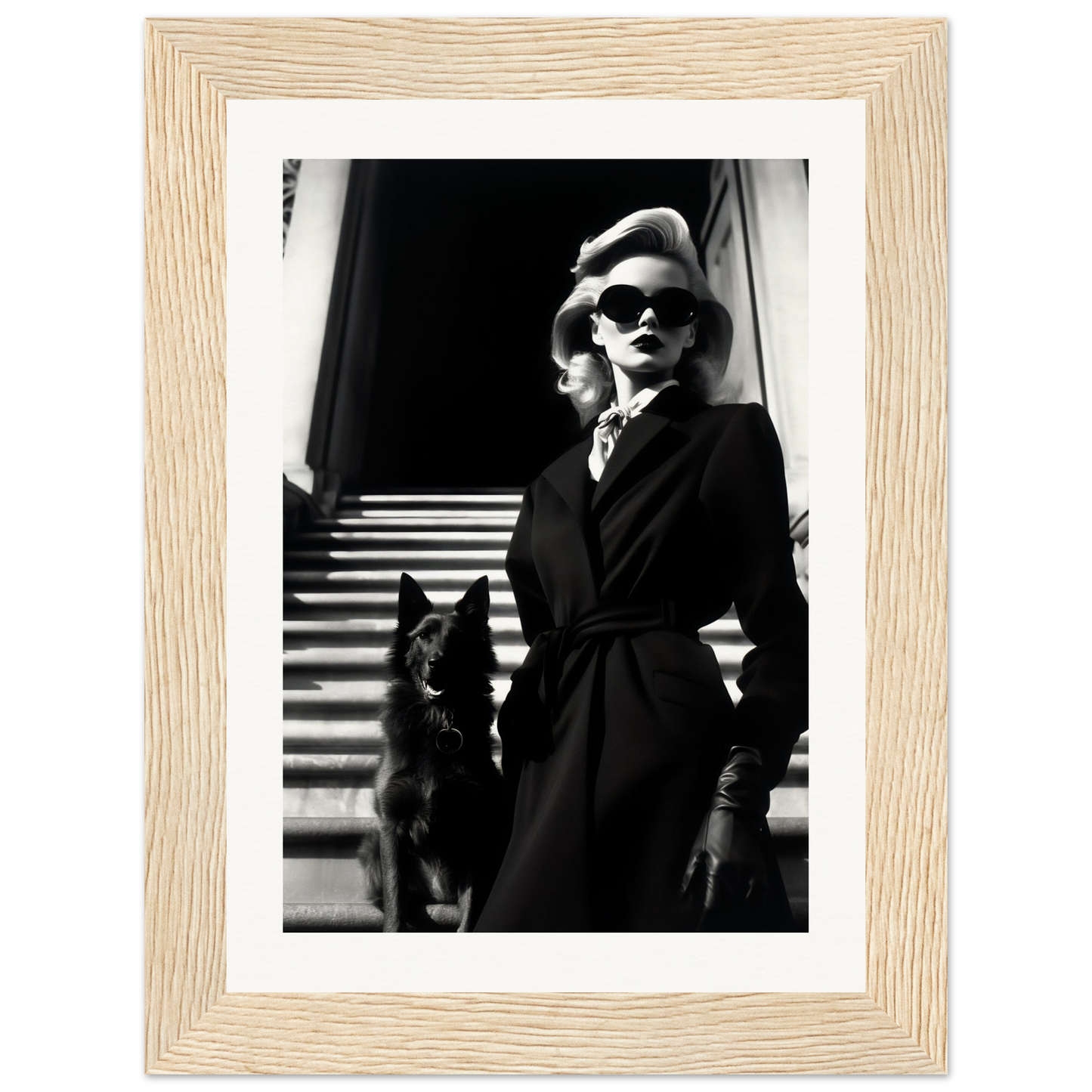 Black and white photograph of a glamorous woman in a coat and sunglasses standing with a dog.