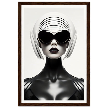 Stylized portrait of a figure wearing sunglasses and a white headpiece against a stark black and white contrast.