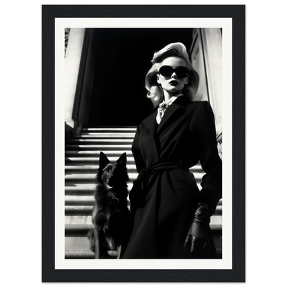 Stylish woman in a dark coat and sunglasses standing with a dog on stairs.