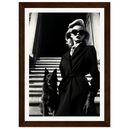 Elegantly dressed woman in a dark coat and sunglasses standing with a dog on steps.