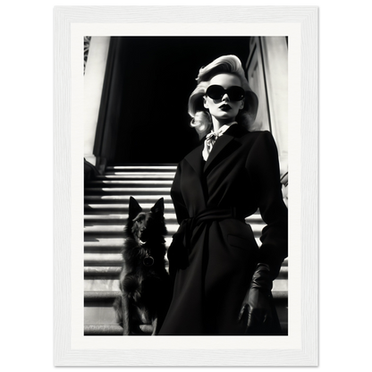 Stylish woman in a dark coat and sunglasses standing with a dog on stairs.