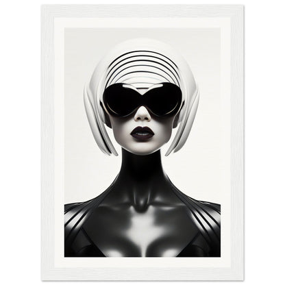 Stylized black and white portrait of a figure wearing oversized sunglasses and a futuristic headpiece.