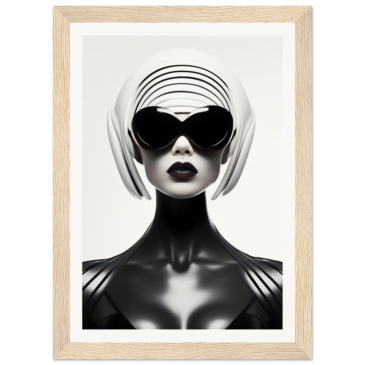 Stylized black and white portrait of a figure wearing sunglasses and a futuristic headpiece.