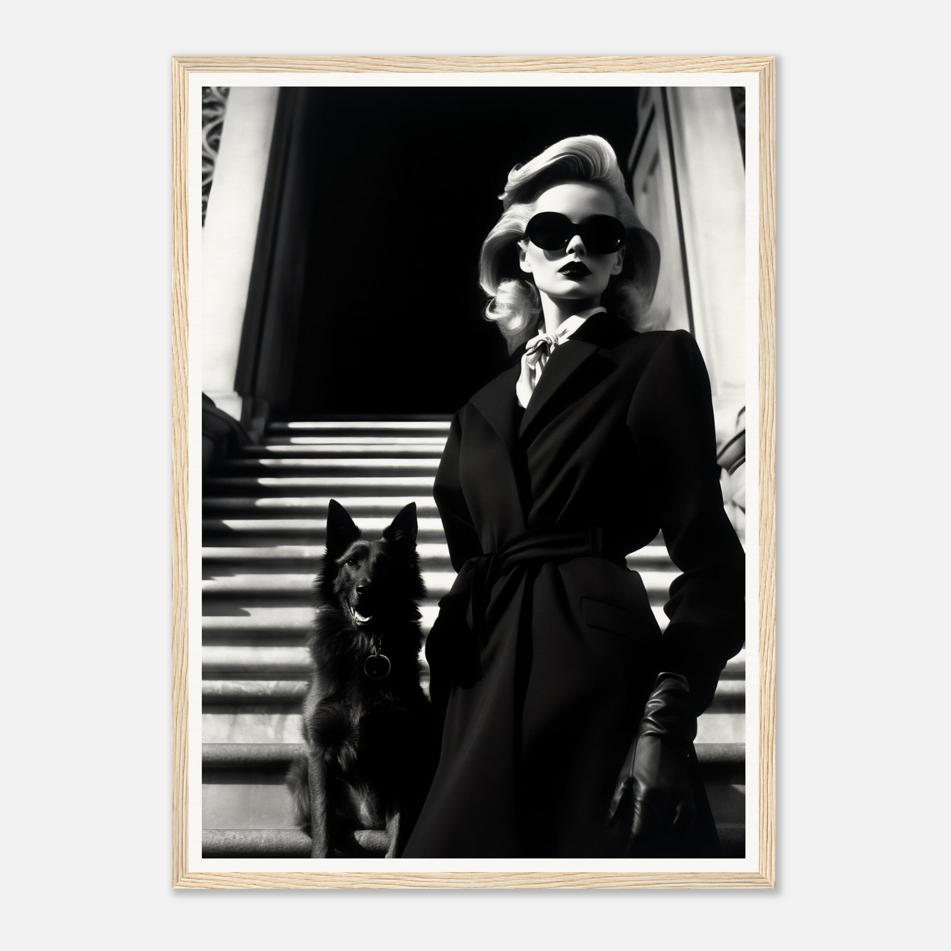 Stylish woman in a dark coat and sunglasses standing with a dog on steps.