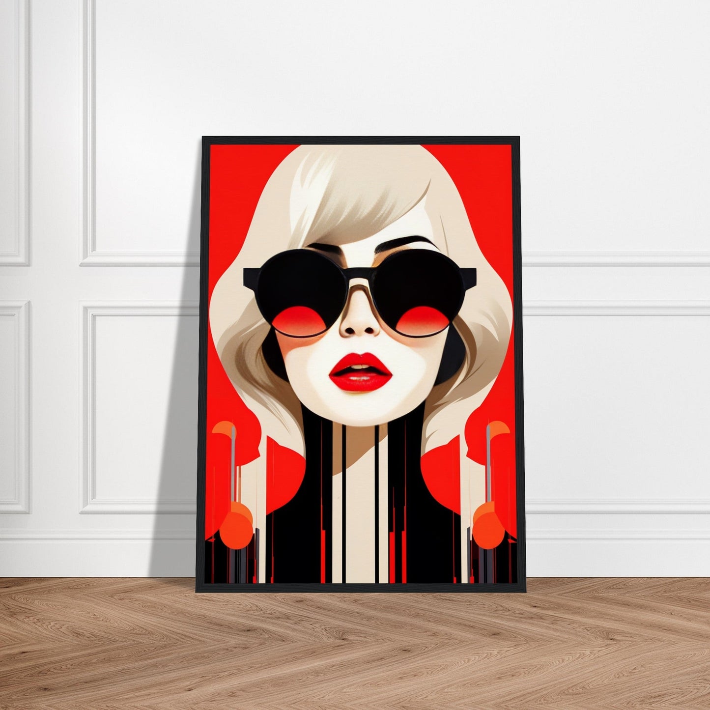 Stylized pop art portrait of a woman with blonde hair, sunglasses, and red lips against a vibrant red background.