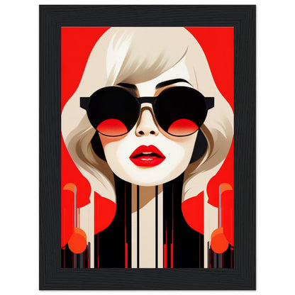 Stylized portrait of a woman with blonde hair, red lips, and large sunglasses against a red background.